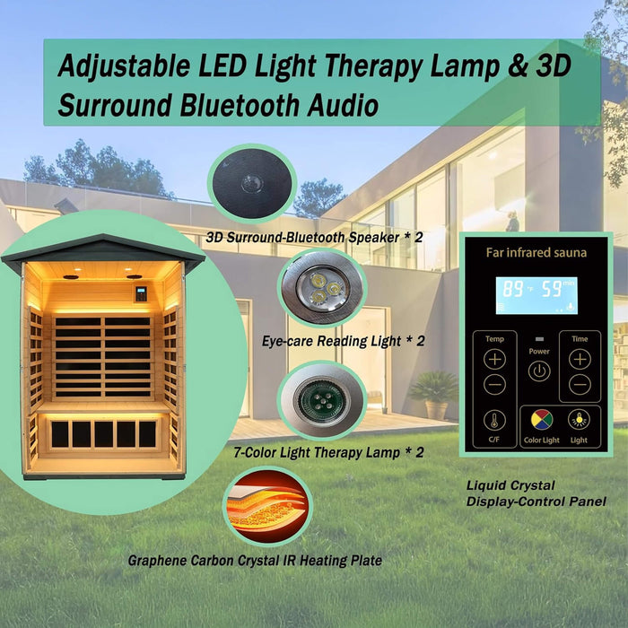 2 Person Outdoor Infrared Sauna with Low EMF Heating, Bluetooth Audio and Chromotherapy Lighting
