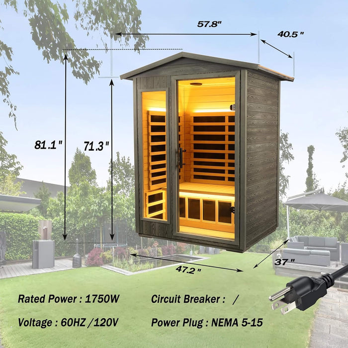 2 Person Outdoor Infrared Sauna with Low EMF Heating, Bluetooth Audio and Chromotherapy Lighting