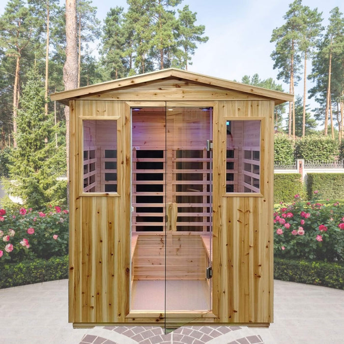 4 Person Outdoor Infrared Sauna with Low EMF Heating, Bluetooth Speakers and LED Lighting