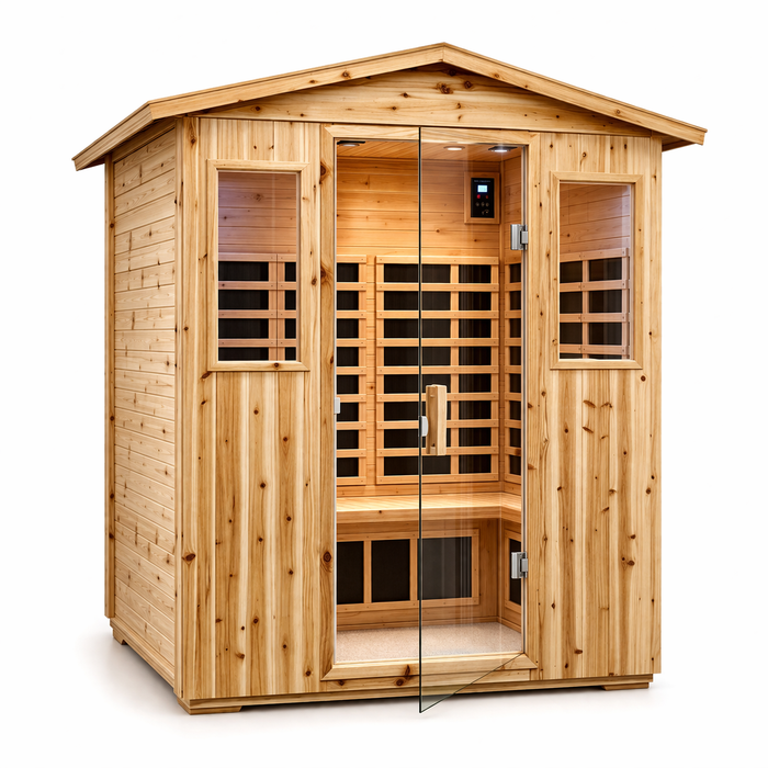 4 Person Outdoor Infrared Sauna with Low EMF Heating, Bluetooth Speakers and LED Lighting