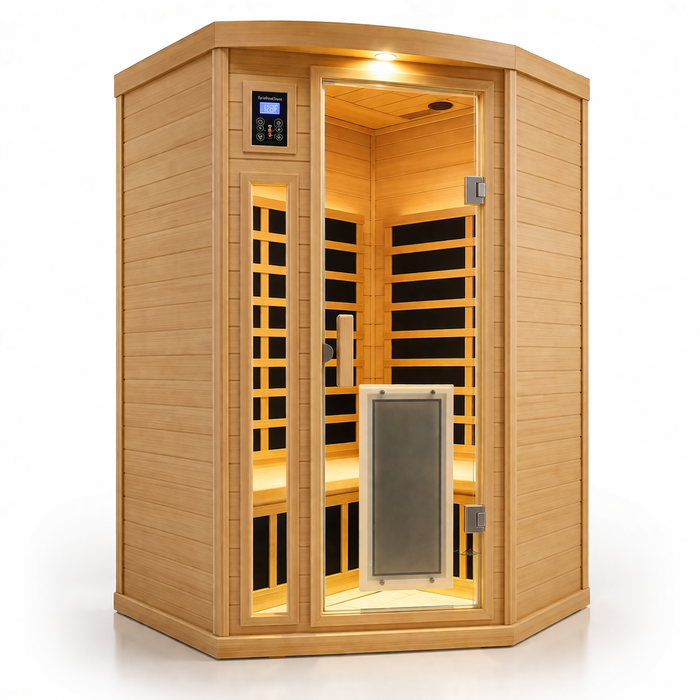 2 Person Corner Infrared Sauna with Low EMF Heating, Wooden Design and Bluetooth Speakers