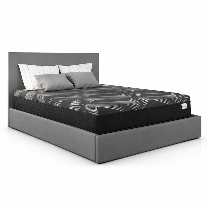 Gray bed with a mattress on a white background