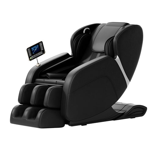 Black massage chair with control panel on a white background
