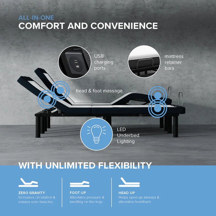 Wireless Plus Adjustable Bed Base with Massage and Underbed Lighting