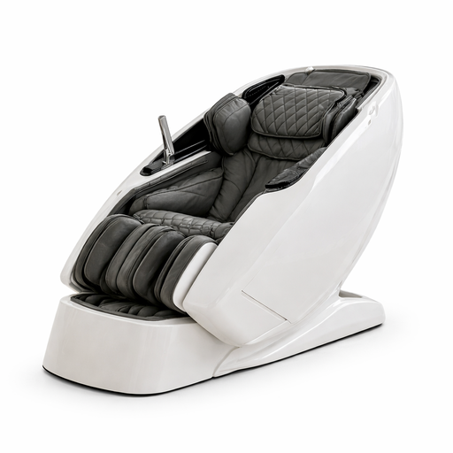 White massage chair with gray cushions on a white background