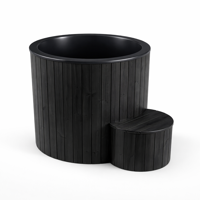 Two black cylindrical planters on a white background. SaunaLife 1-Person Cold Plunge and Hot Immersion Tub (Model S1N/B) Wood Brown