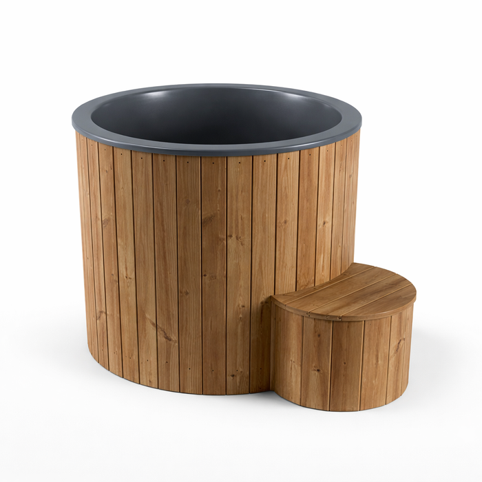 Wooden hot tub with a dark interior on a white background. SaunaLife 1-Person Cold Plunge and Hot Immersion Tub (Model S1N/B) Wood Brown