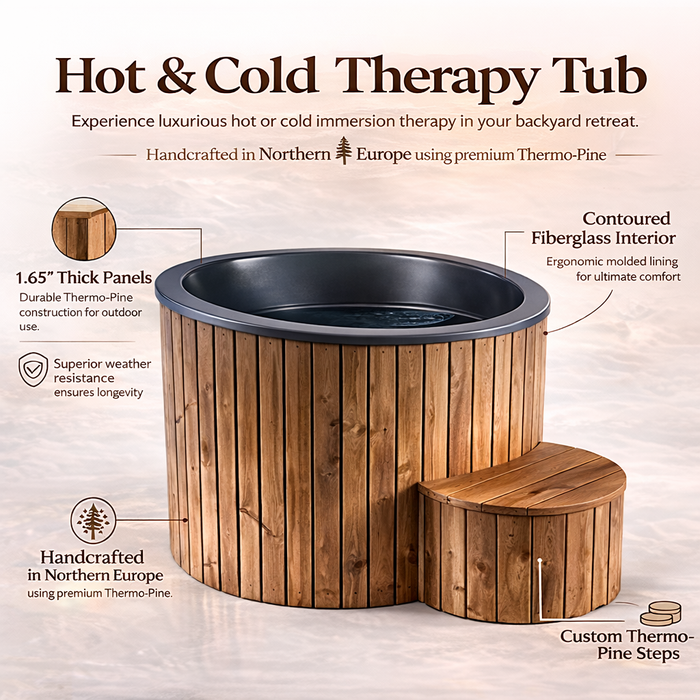 Wooden hot tub with text detailing features and craftsmanship. SaunaLife 1-Person Cold Plunge and Hot Immersion Tub (Model S1N/B) Wood Brown_Image 1