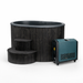 Hot tub with steps and a portable chiller on a white background. SaunaLife 2-Person Cold Plunge Tub with Integrated Chiller and Heater System (Model S2NC/BC) Black Wood