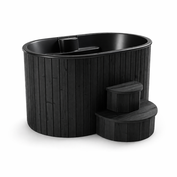 Black wooden hot tub with steps on a white background. SaunaLife 2-Person Cold Plunge and Hot Immersion Tub (Model S2N/B) Wood Brown