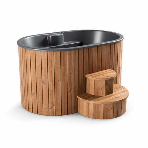 Wooden hot tub with a metal interior on a white background. SaunaLife 2-Person Cold Plunge and Hot Immersion Tub (Model S2N/B) Wood Brown