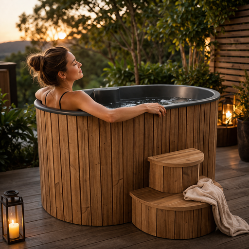 Woman relaxing in a wooden hot tub outdoors with sunset in the background. SaunaLife 2-Person Cold Plunge and Hot Immersion Tub (Model S2N/B) Wood Brown