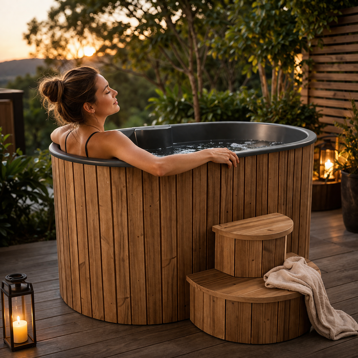 Woman relaxing in a wooden hot tub outdoors with sunset in the background. SaunaLife 2-Person Cold Plunge and Hot Immersion Tub (Model S2N/B) Wood Brown