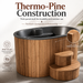 Wooden hot tub with Thermo-Pine construction features and text highlighting durability.