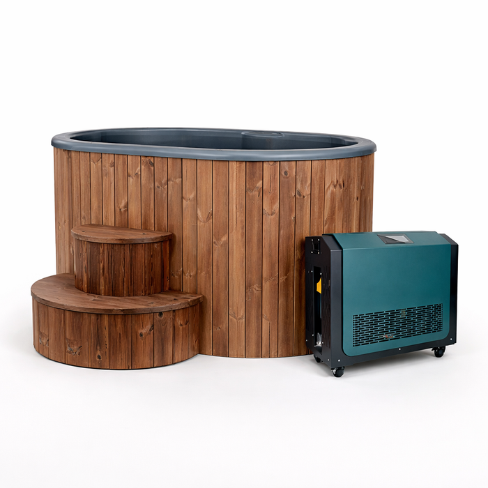 Wooden hot tub with steps and a green generator on a white background
