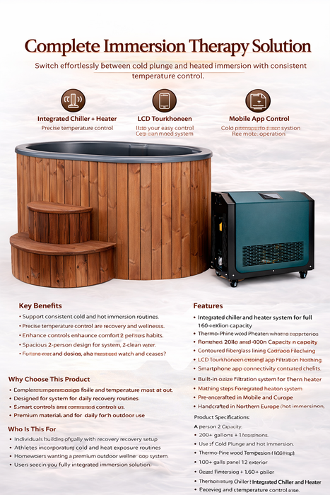Hot tub with control panel and text about complete immersion therapy solution. SaunaLife Model 2-Person Cold Plunge Tub with Integrated Chiller and Heater System (S2NC/BC) Wood Black