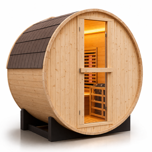 Wooden barrel-style sauna with open door on a white background