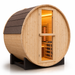Wooden barrel-style sauna with open door on a white background