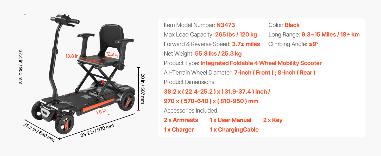 VEVOR 4-Wheel Folding Electric Mobility Scooter with 9.3 Mile Range