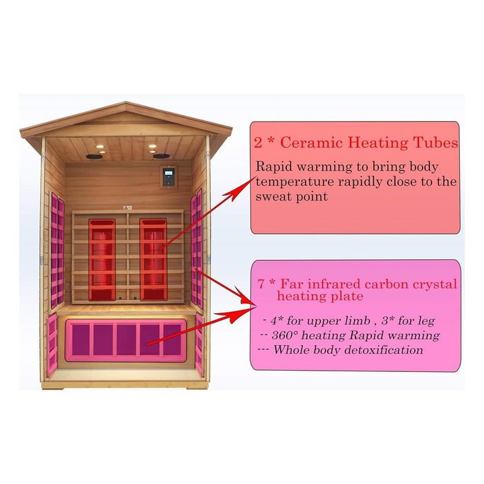 2 Person Outdoor Infrared Sauna with Low EMF Ceramic Heating, Bluetooth Audio and LED Lighting