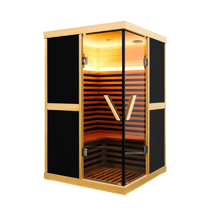 2 Person Infrared Sauna Room with V Shape Design, Double Glass Doors and Bluetooth Audio