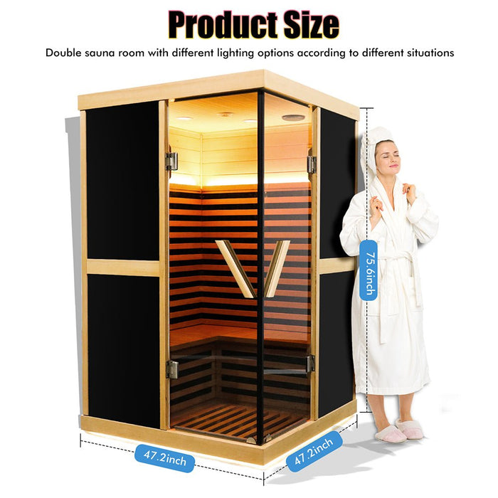 2 Person Infrared Sauna Room with V Shape Design, Double Glass Doors and Bluetooth Audio