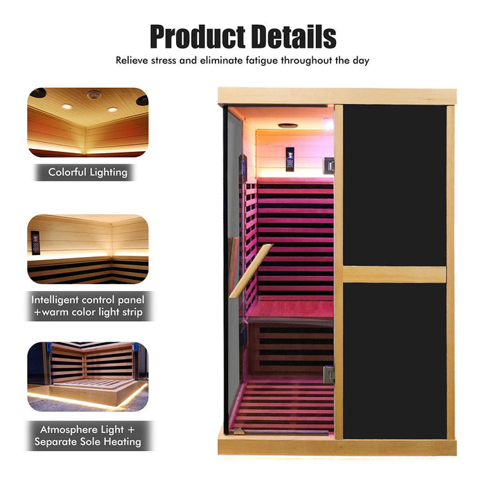 2 Person Infrared Sauna Room with V Shape Design, Double Glass Doors and Bluetooth Audio