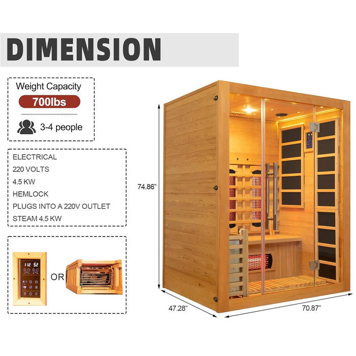 Rövia Aurora 3 Person Indoor Hybrid Sauna with Infrared and 4.5kW Steam Heating