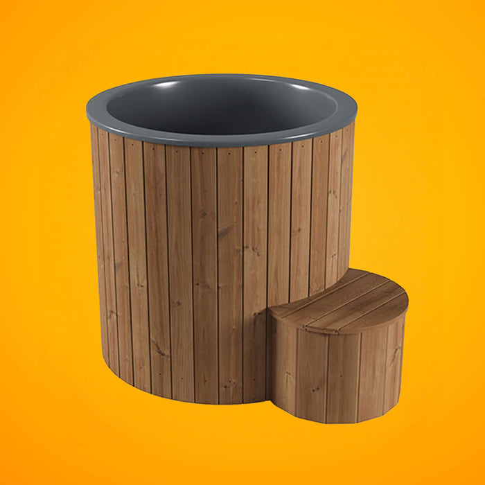 Wooden hot tub with gray interior on an orange background