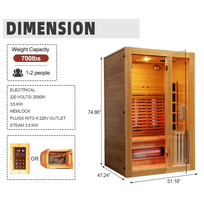 Rövia Luma 2 Person Indoor Hybrid Sauna with Infrared and 3.5kW Steam Heating
