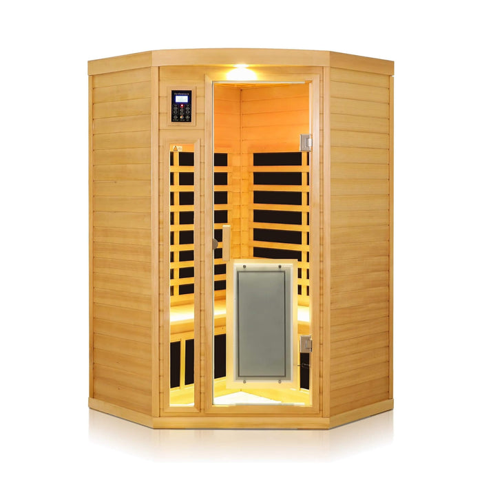 2 Person Corner Infrared Sauna with Low EMF Heating, Wooden Design and Bluetooth Speakers