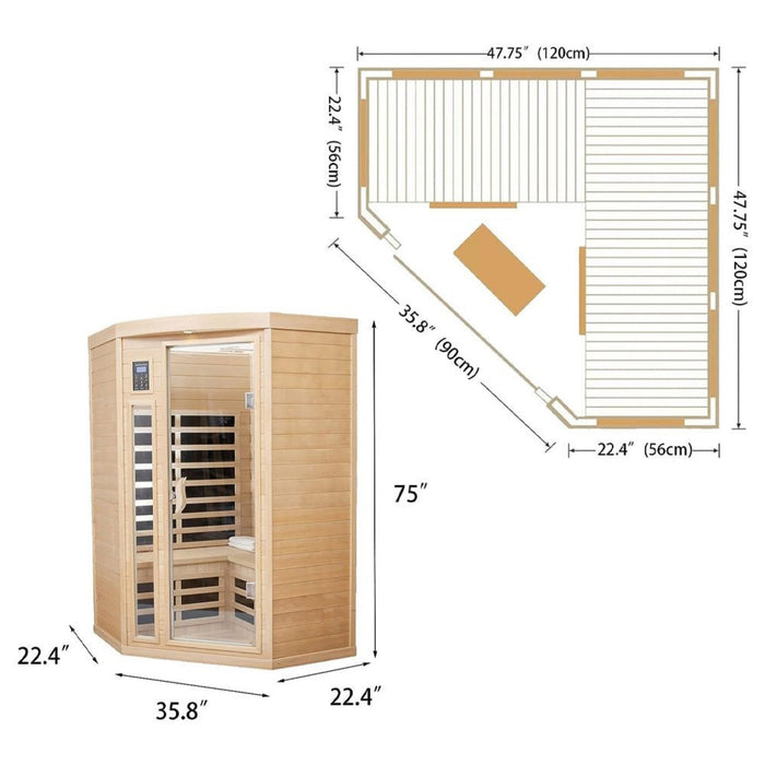 2 Person Corner Infrared Sauna with Low EMF Heating, Wooden Design and Bluetooth Speakers