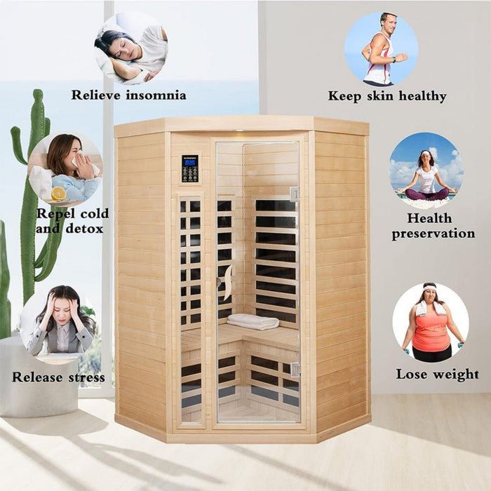 2 Person Corner Infrared Sauna with Low EMF Heating, Wooden Design and Bluetooth Speakers