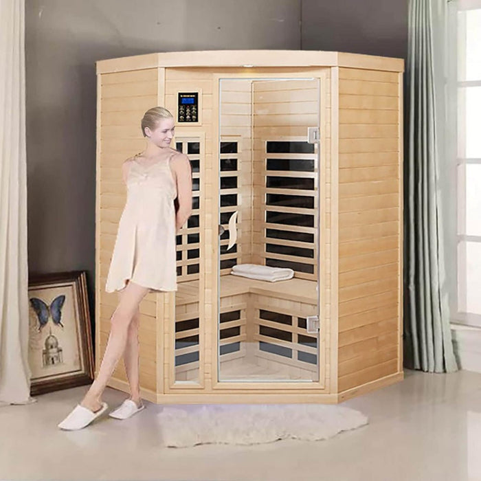 2 Person Corner Infrared Sauna with Low EMF Heating, Wooden Design and Bluetooth Speakers