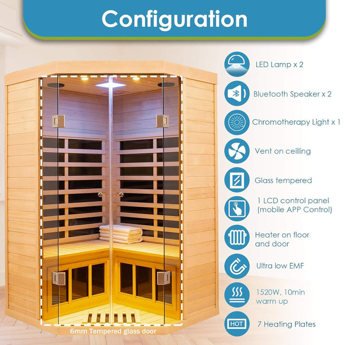 2 Person Corner Infrared Sauna with Low EMF Heating, Wooden Design and Bluetooth Speakers