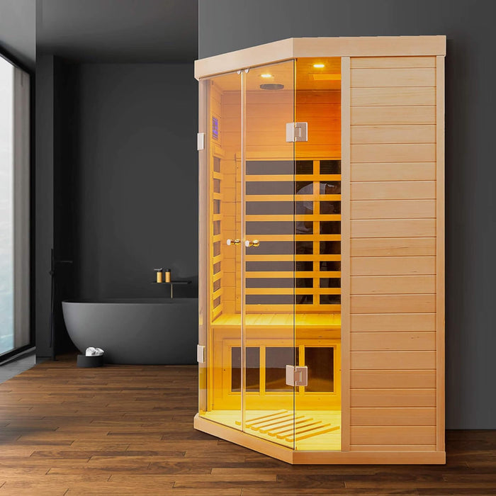 2 Person Corner Infrared Sauna with Low EMF Heating, Wooden Design and Bluetooth Speakers