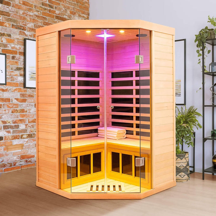 2 Person Corner Infrared Sauna with Low EMF Heating, Wooden Design and Bluetooth Speakers