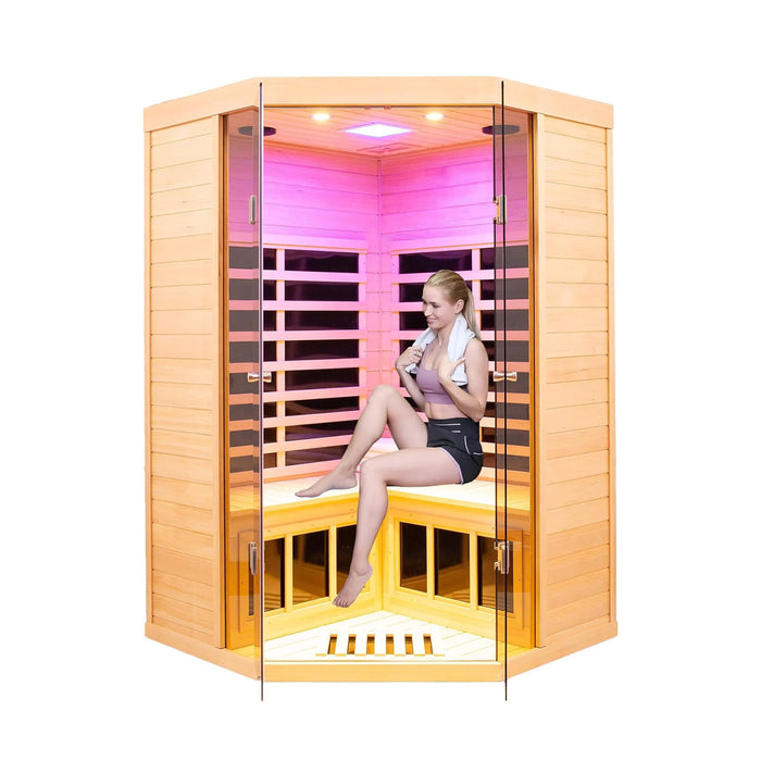 2 Person Corner Infrared Sauna with Low EMF Heating, Wooden Design and Bluetooth Speakers